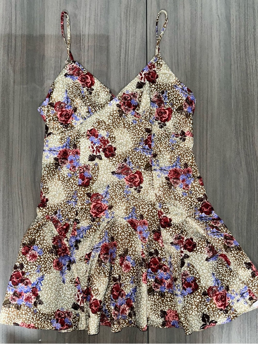 Miss Selfridge satin godet hem mini slip dress in mixed animal floral print